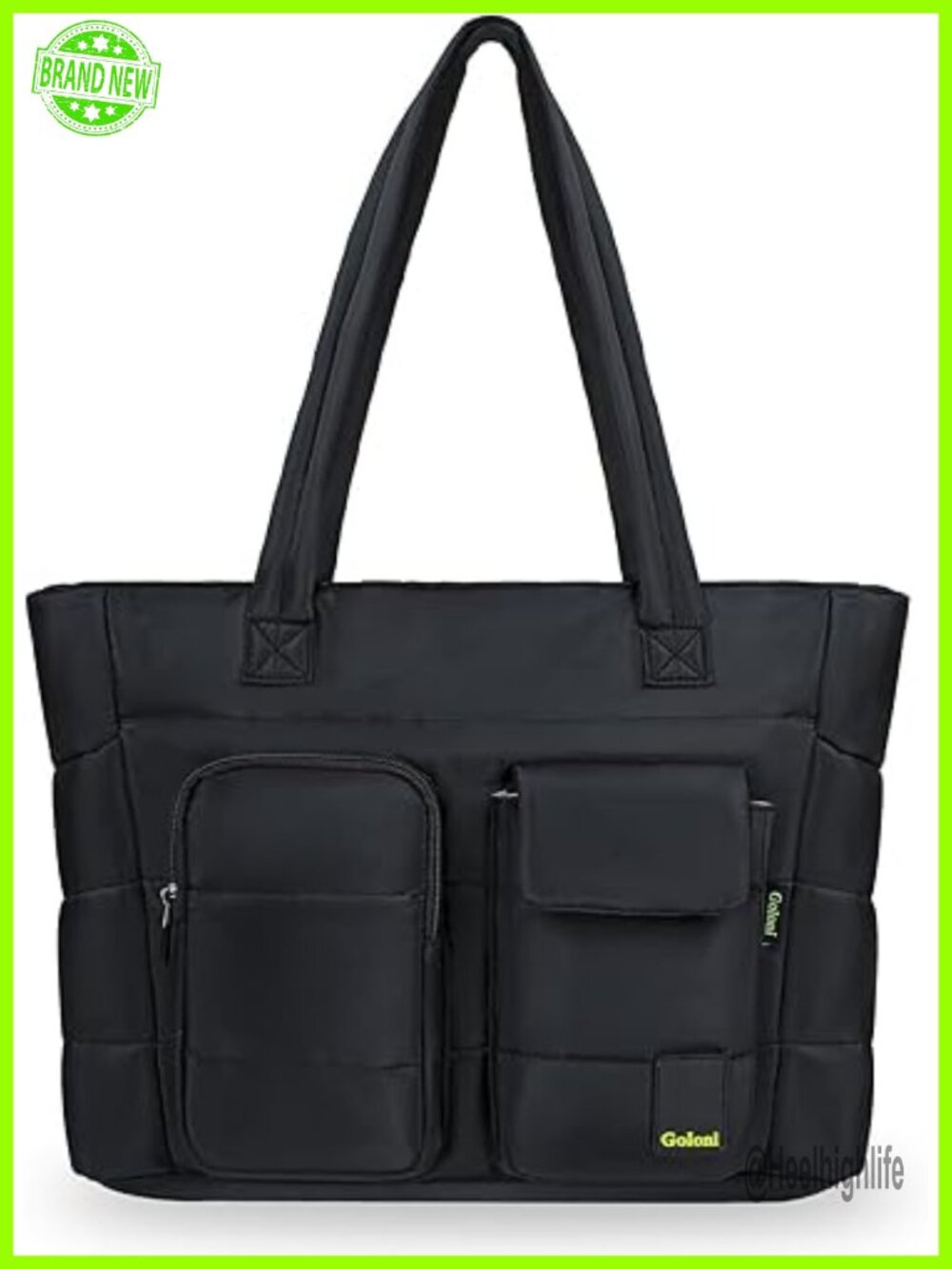 Lightweight Quilted Puffer Tote Bag with Zipper, Laptop Compartment, Work